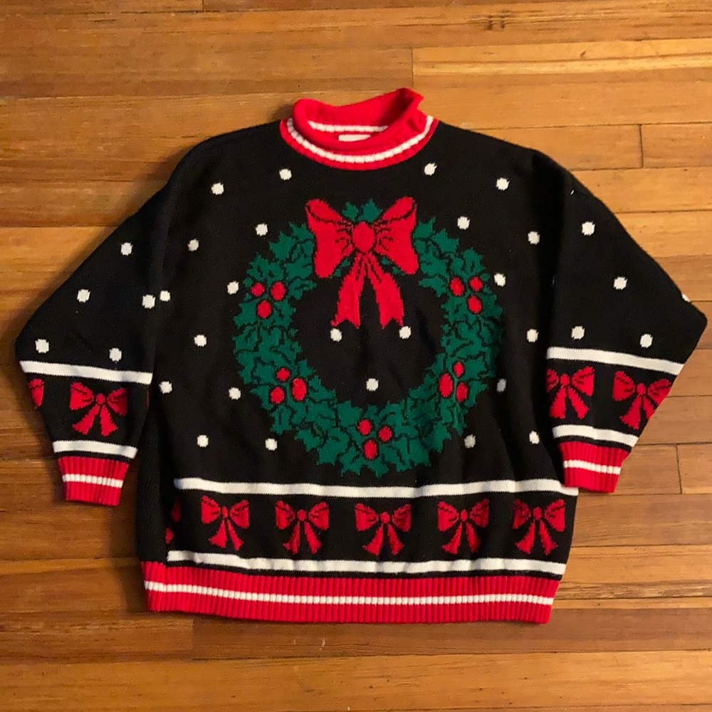 Vintage Ugly Christmas Sweater with Wreath, Polka Dots, and Bows 1X/2X